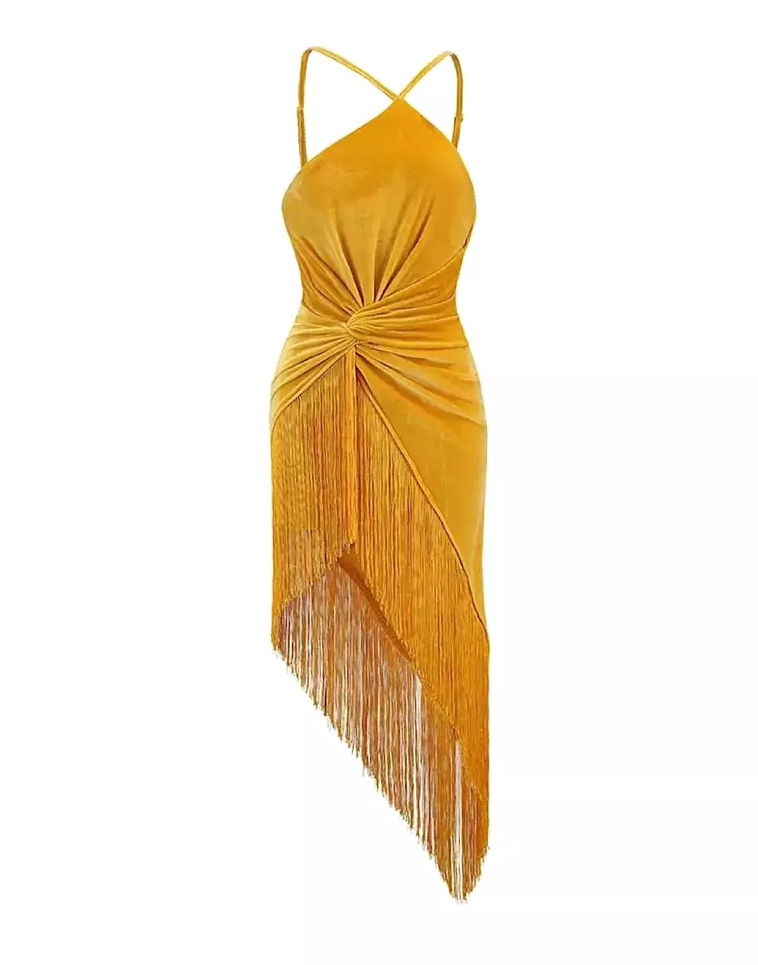 Asymmetrical Tassel Draped Velvet Dress In Yellow