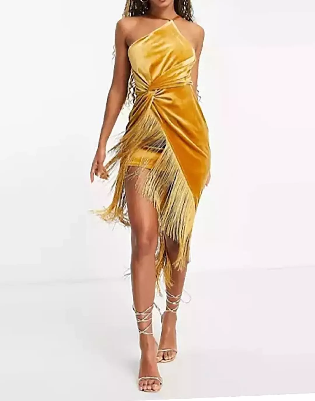 Asymmetrical Tassel Draped Velvet Dress In Yellow