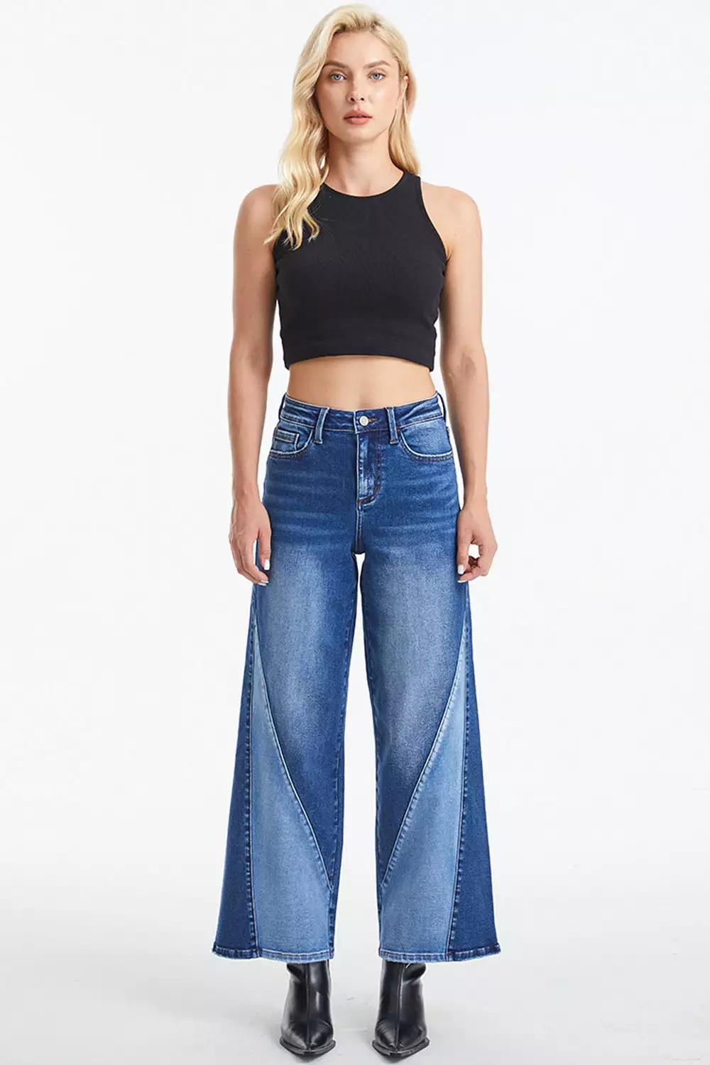 BAYEAS Full Size High Waist Two-Tones Patched Wide Leg Jeans