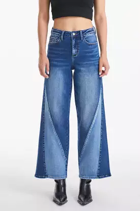 BAYEAS Full Size High Waist Two-Tones Patched Wide Leg Jeans