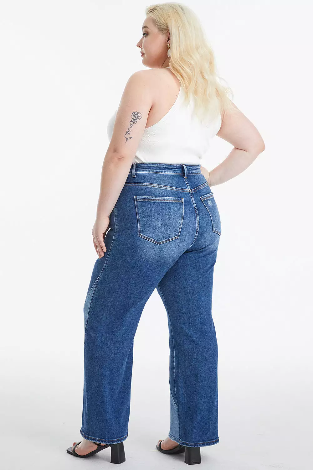 BAYEAS Full Size High Waist Two-Tones Patched Wide Leg Jeans