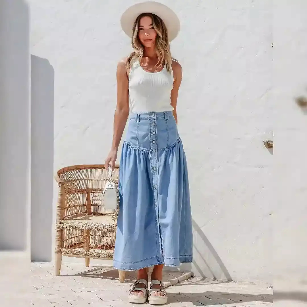 Beckham Chambray Denim Button Front Maxi Skirt Light Blue