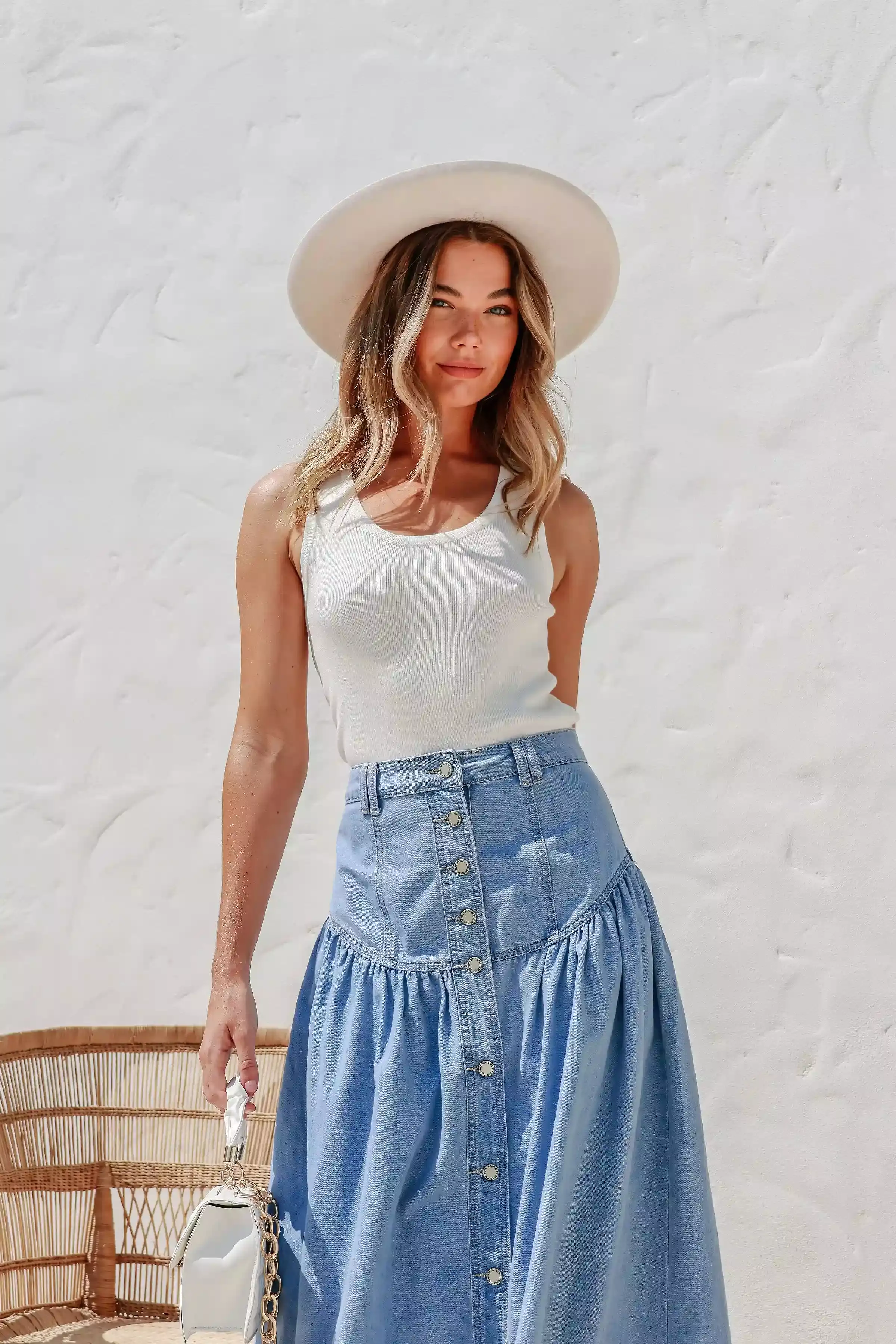 Beckham Chambray Denim Button Front Maxi Skirt Light Blue