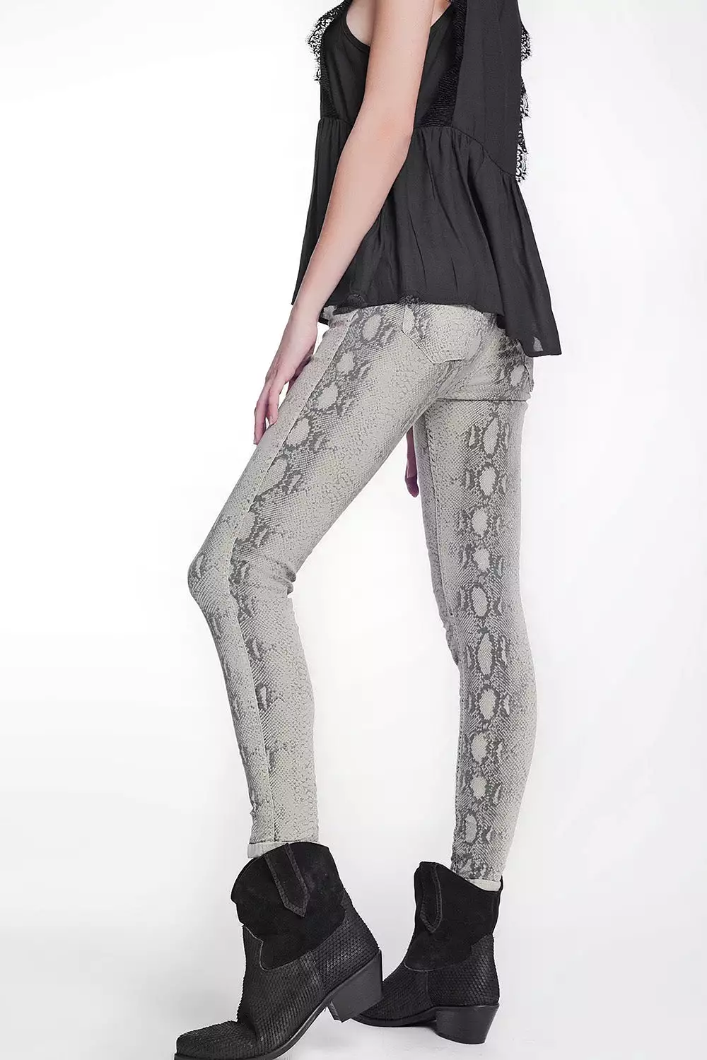 Beige Super Skinny Reversible Pants With Snake Print