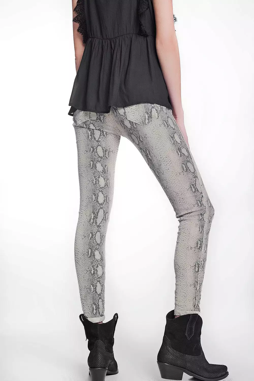 Beige Super Skinny Reversible Pants With Snake Print