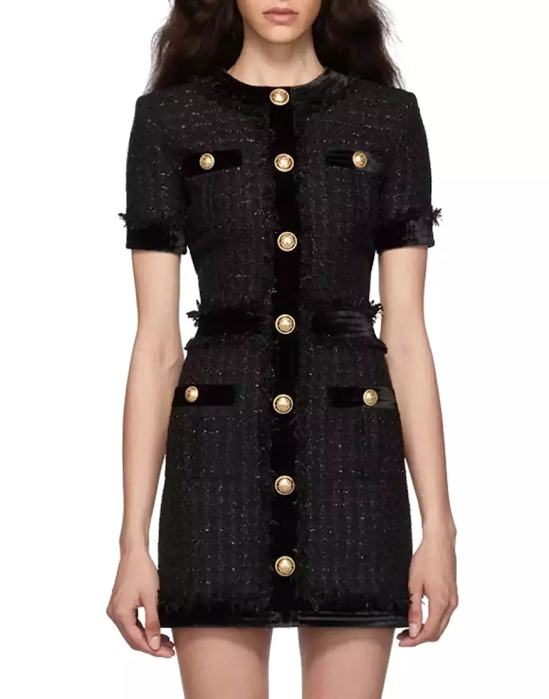 Black Tweed Knit Gold Button Dress