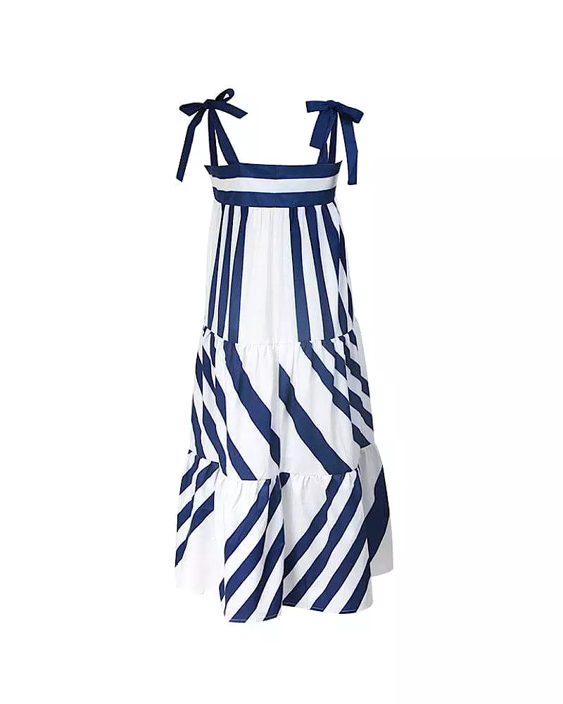 Blue Stripe Bow Strap Loose Dress