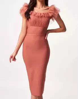 Chiffon Ruched Neck Line Midi Dress