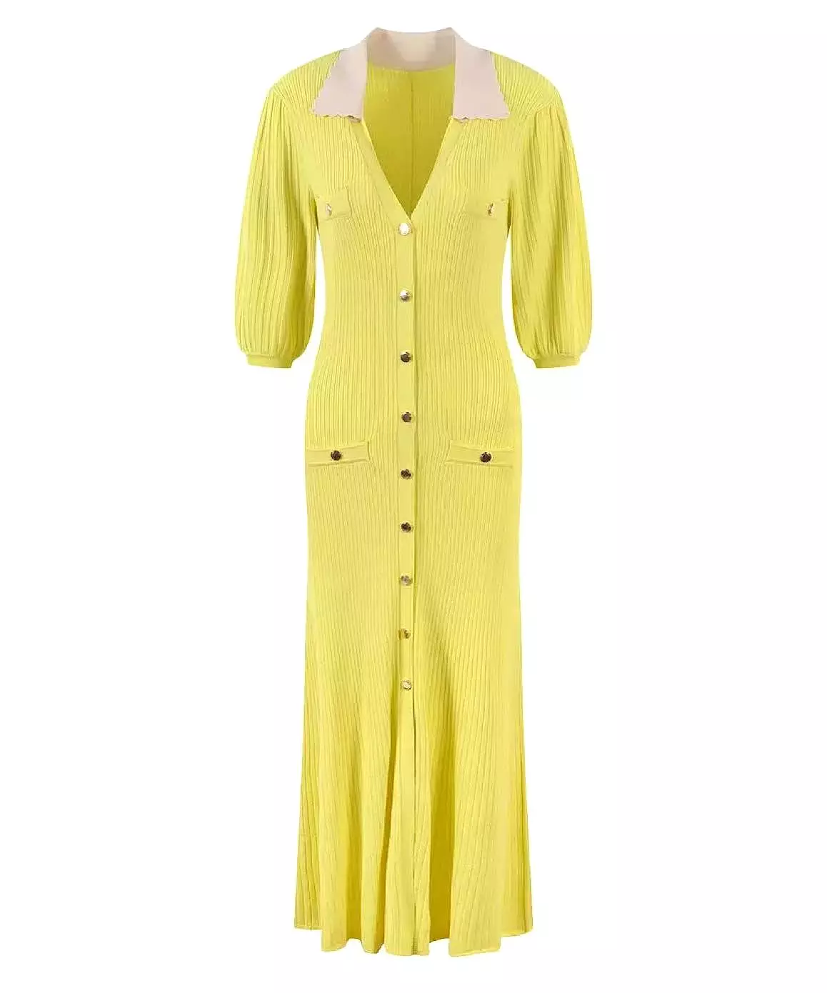 Collared Knit Button Down Dress In Yellow