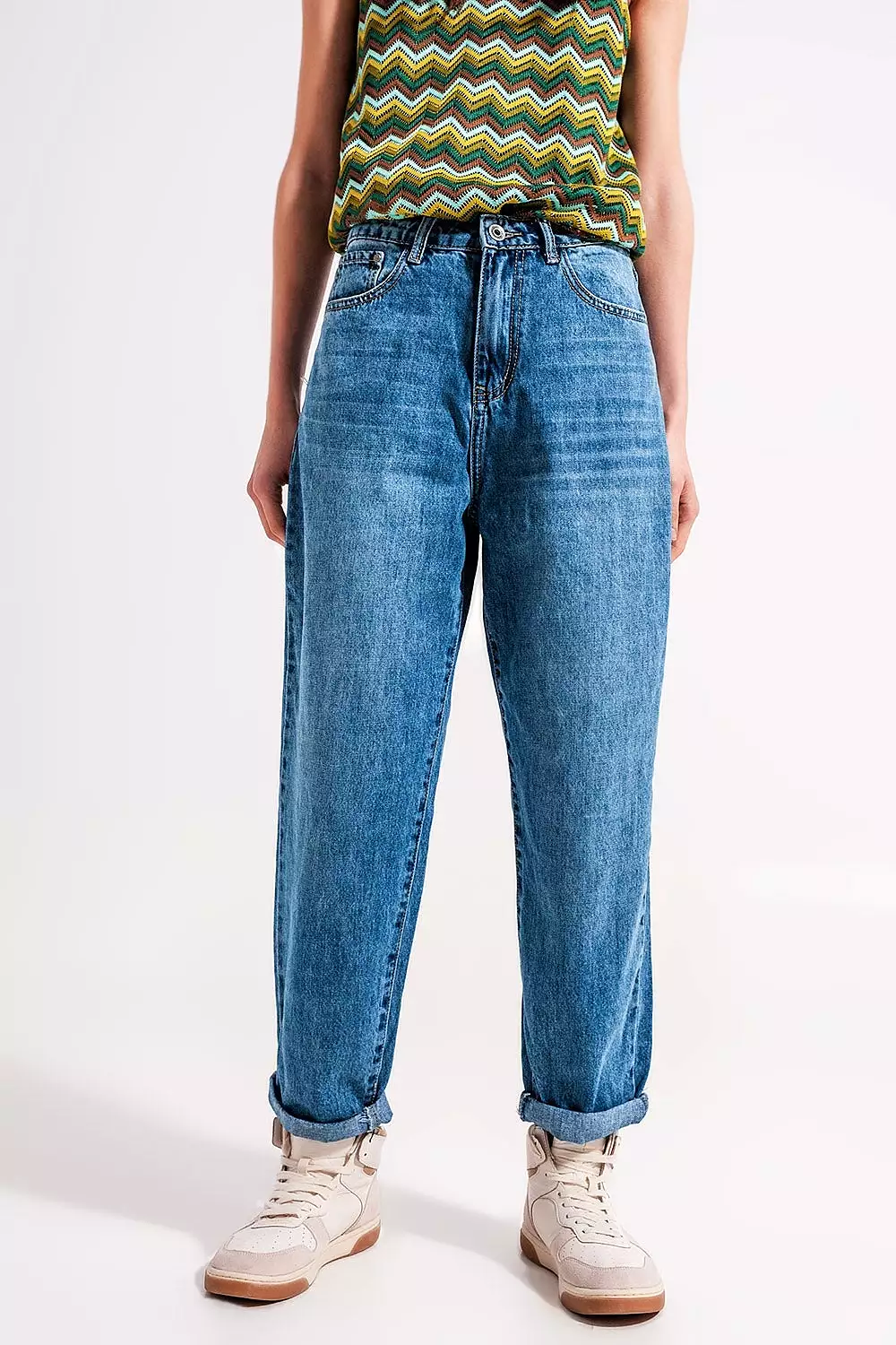 Cotton High Waist Mom Jeans in Medium Blue