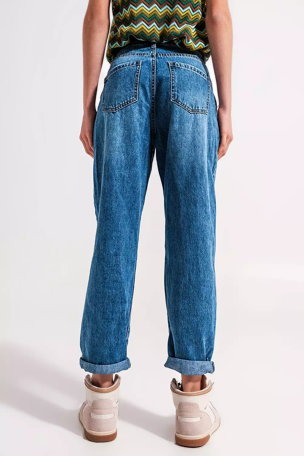 Cotton High Waist Mom Jeans in Medium Blue