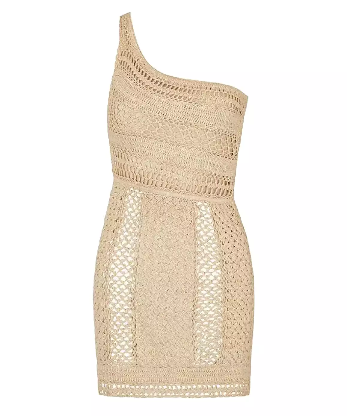 Crochet One Shoulder Mini Dress In Beige