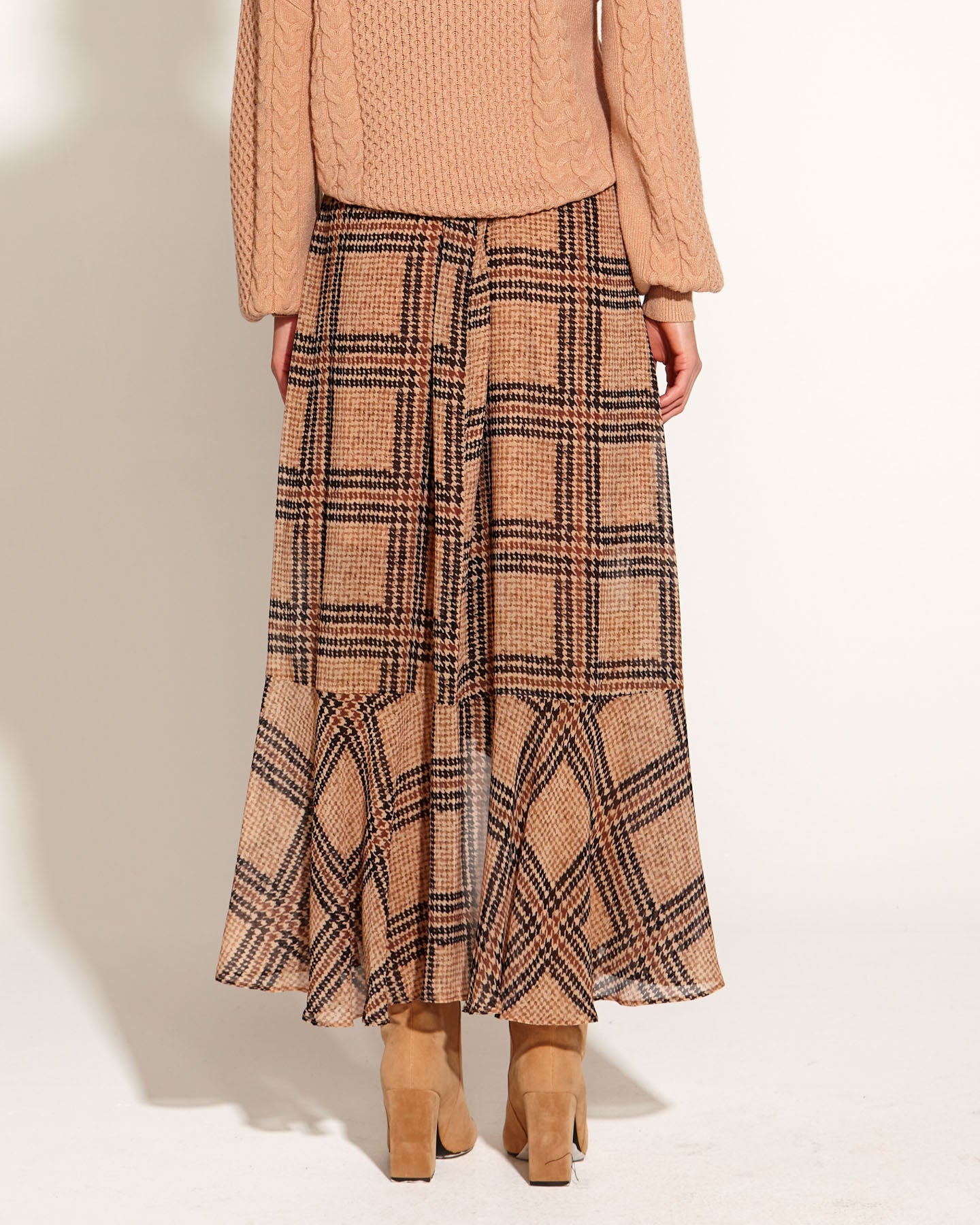 Fate + Becker  Something Beautiful Side Split Sheer Lined Midi Skirt - Tan Houndstooth Check