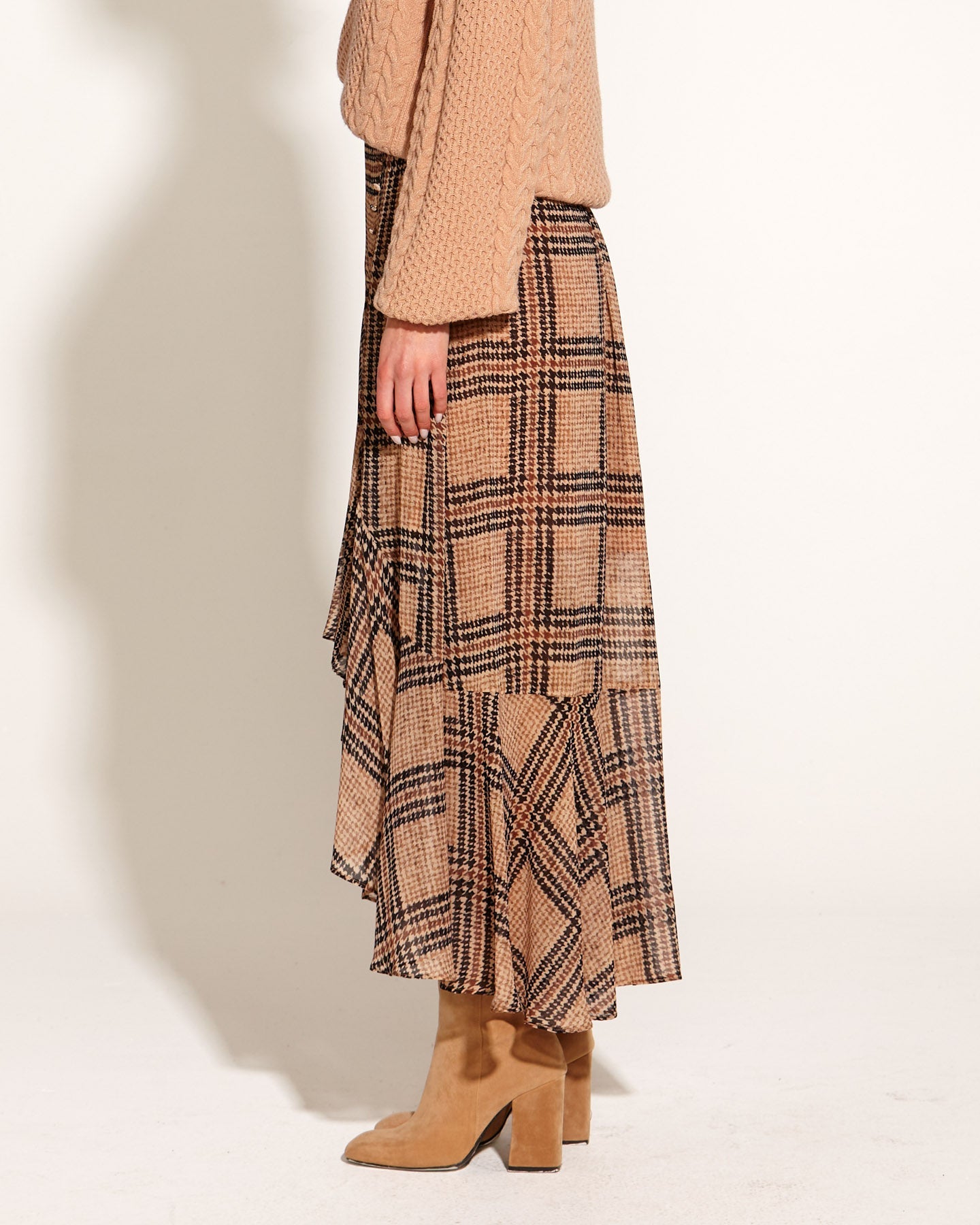 Fate + Becker  Something Beautiful Side Split Sheer Lined Midi Skirt - Tan Houndstooth Check