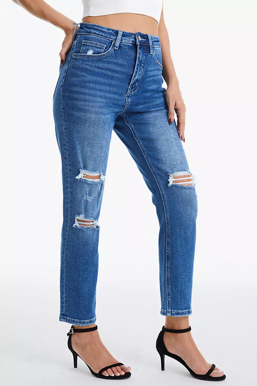 Full Size Distressed High Waist Mom Jeans