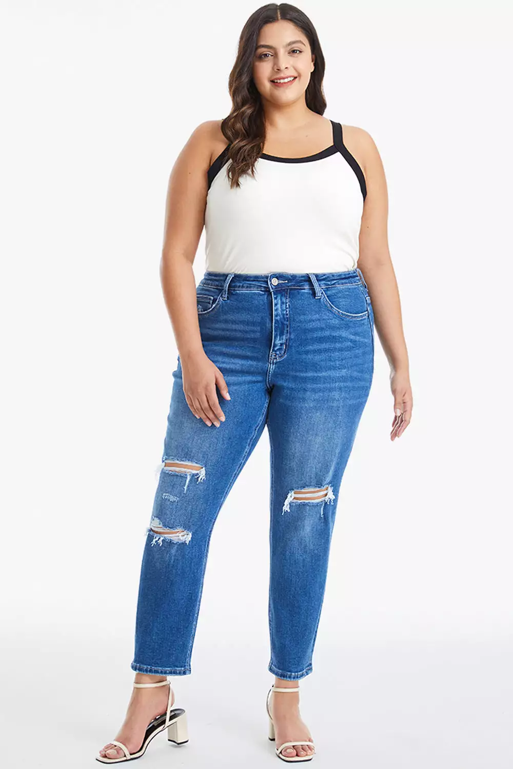 Full Size Distressed High Waist Mom Jeans