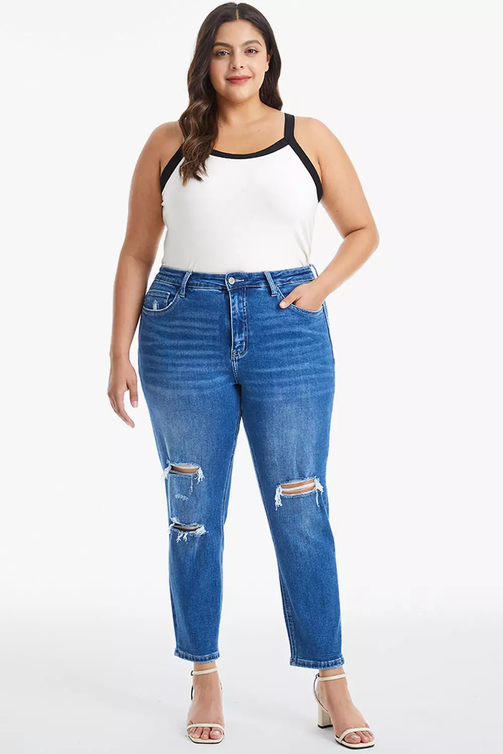 Full Size Distressed High Waist Mom Jeans