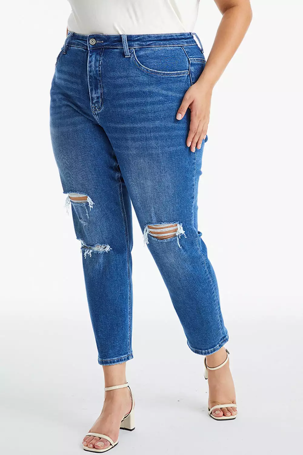 Full Size Distressed High Waist Mom Jeans