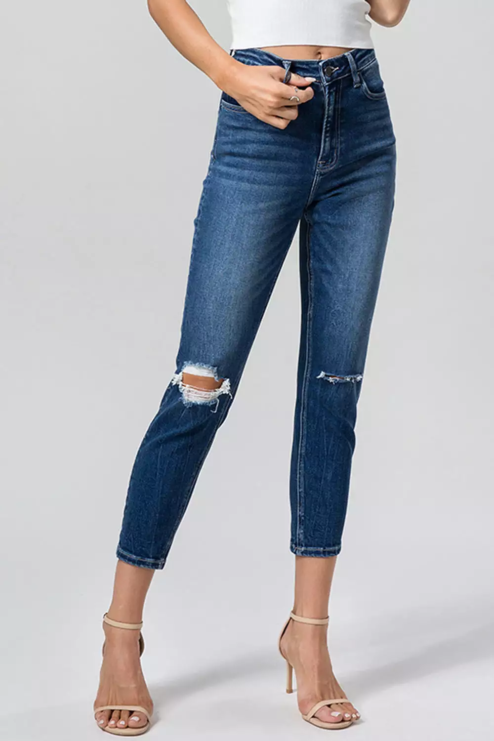 Full Size High Waist Distressed Washed Cropped Mom Jeans