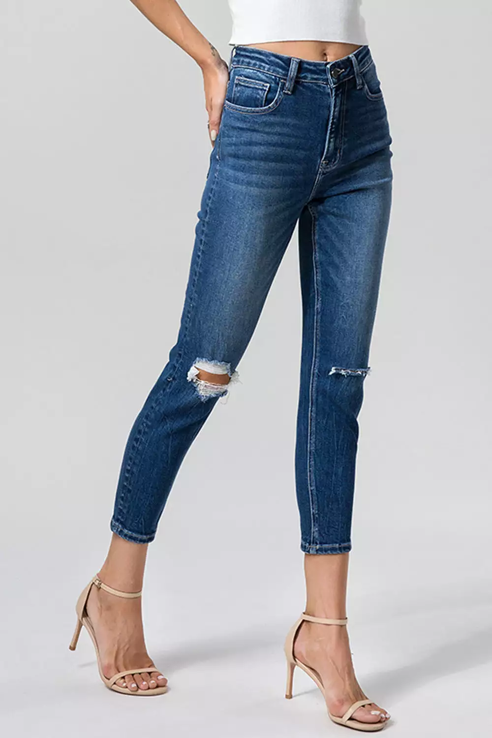 Full Size High Waist Distressed Washed Cropped Mom Jeans