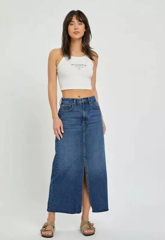 Hidden Jeans - Peyton High Rise Denim Midi Skirt Dark Denim