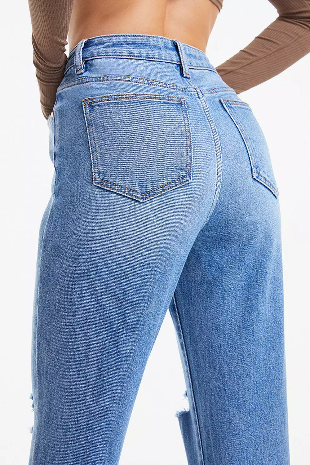 High Waist Distressed Cat's Whiskers Washed Straight Jeans