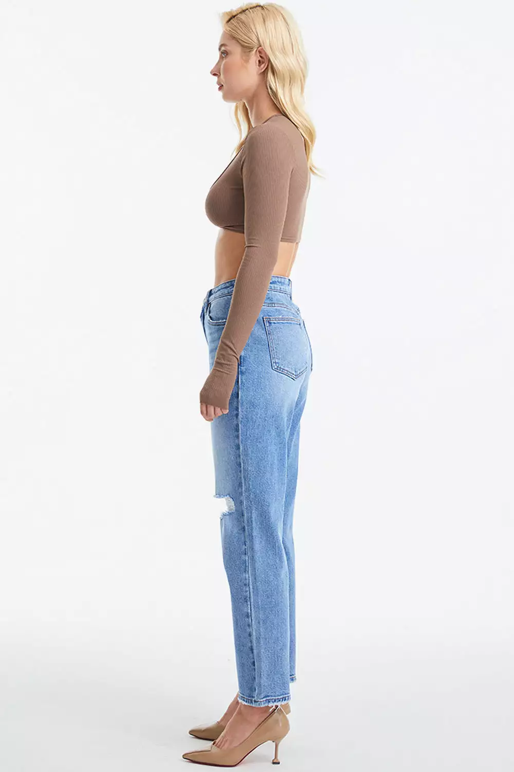 High Waist Distressed Cat's Whiskers Washed Straight Jeans