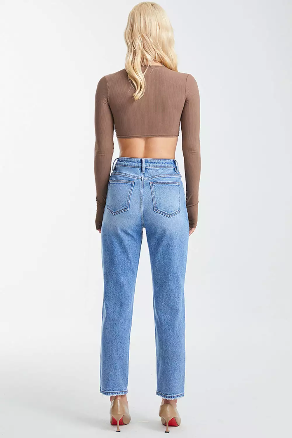 High Waist Distressed Cat's Whiskers Washed Straight Jeans