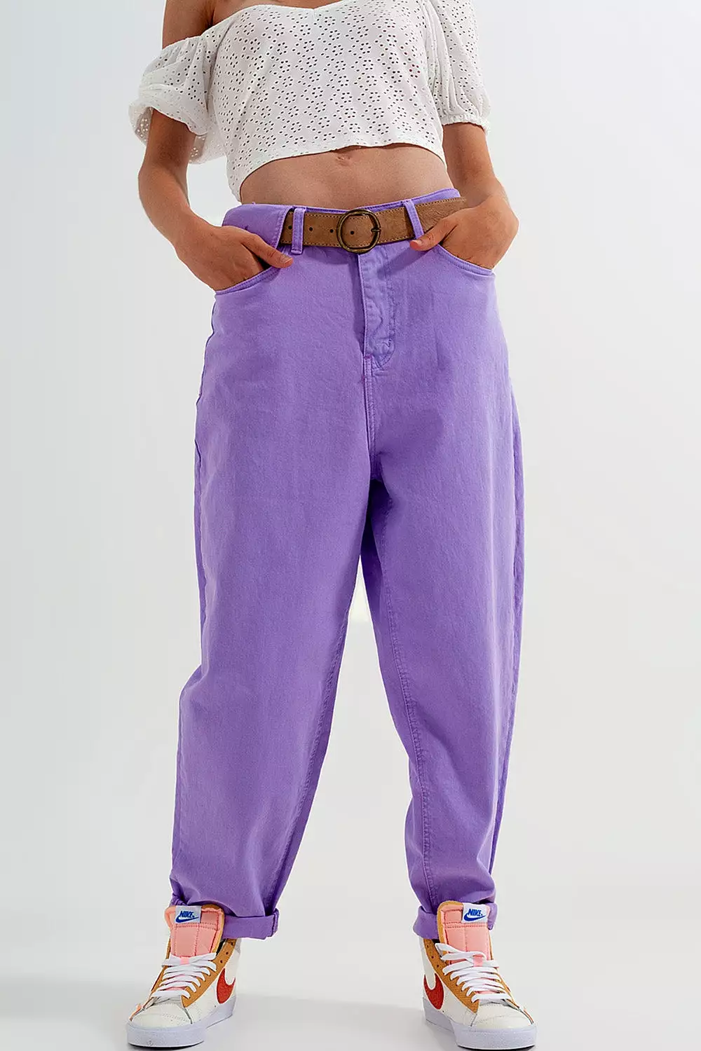 High Waisted Loose Tapered Leg Jeans in Purple