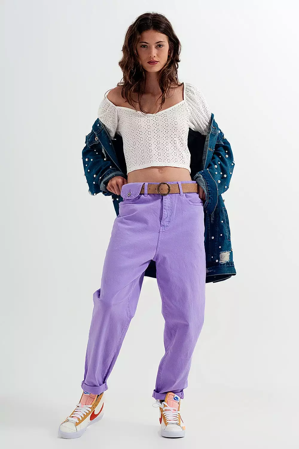 High Waisted Loose Tapered Leg Jeans in Purple