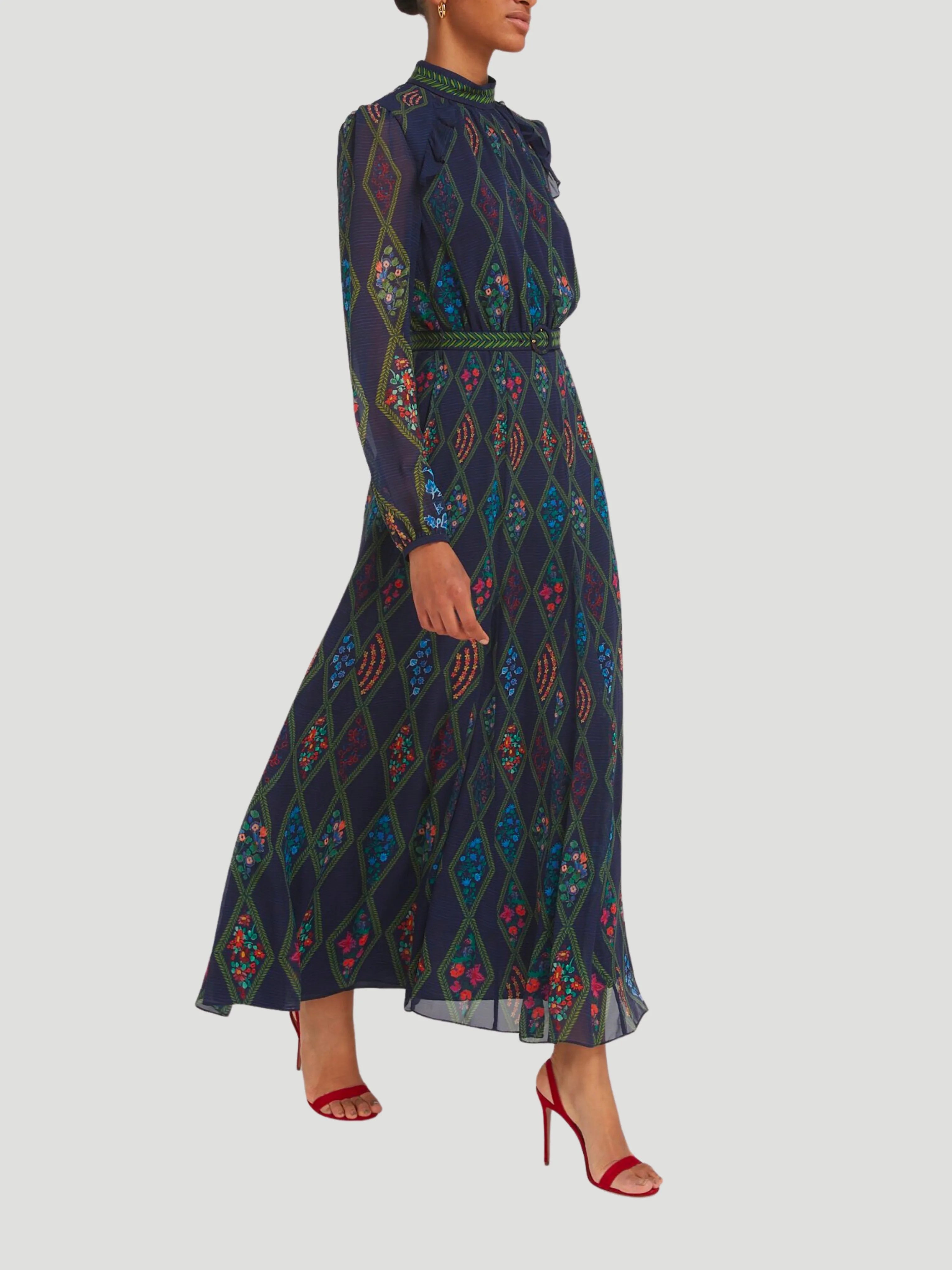 Jacqui-B Belted Floral Silk Midi Dress