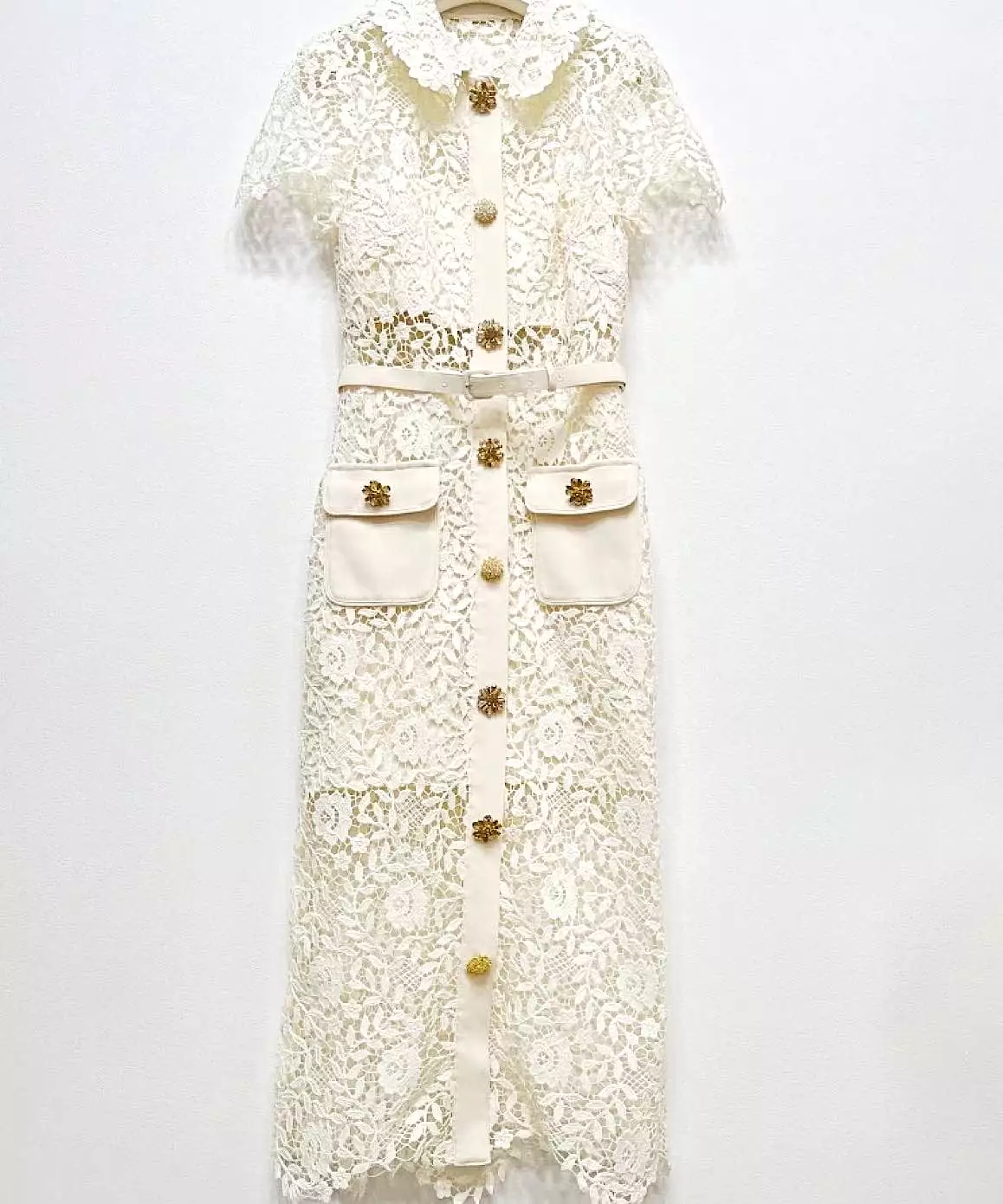 Lace Ankle Length Collared Dress In White