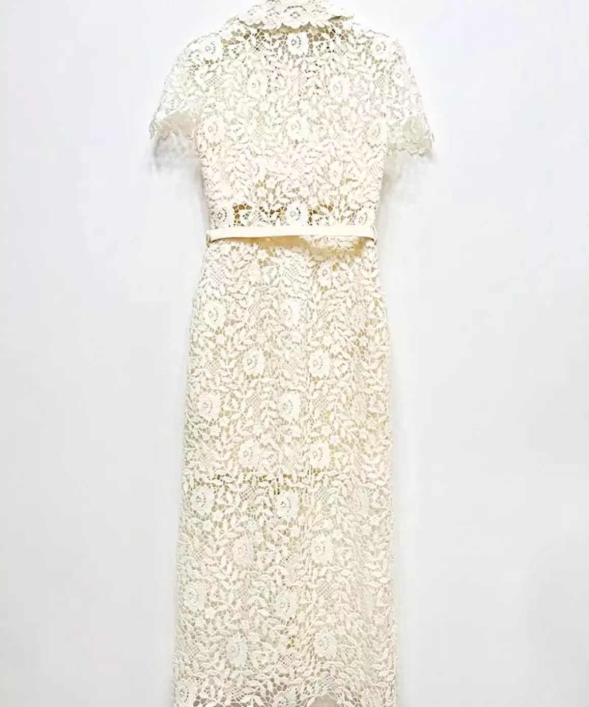 Lace Ankle Length Collared Dress In White