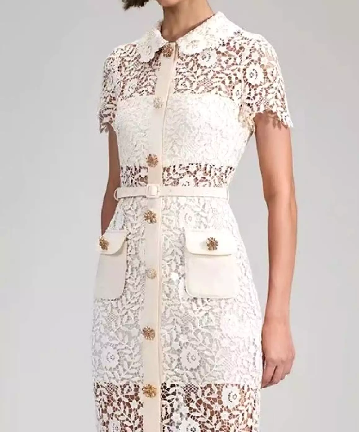 Lace Ankle Length Collared Dress In White