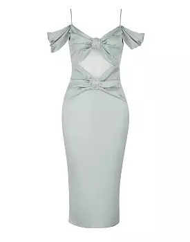 Light Green Cutout Draped Sleeve Satin Dress