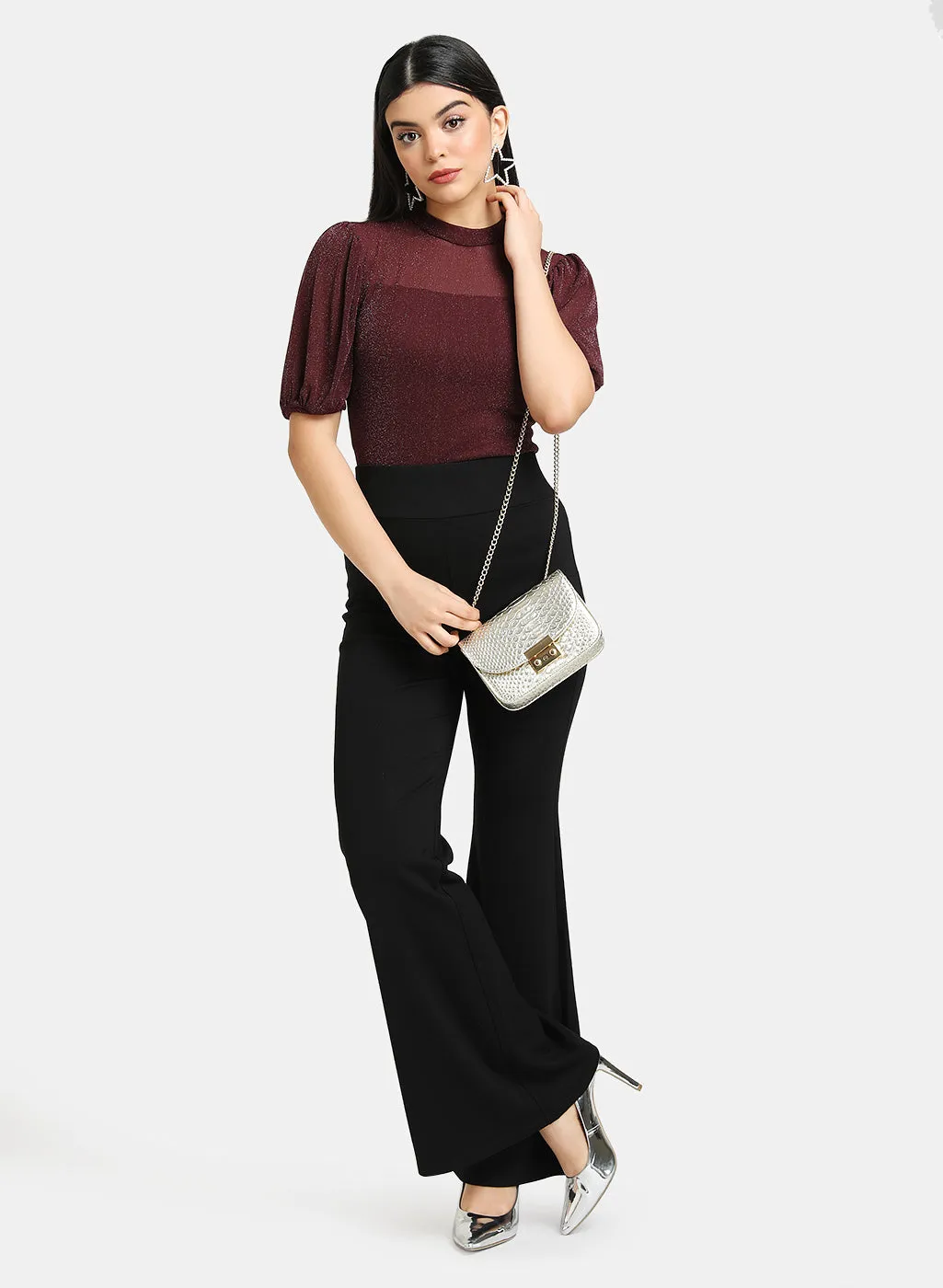 Lurex Mesh Puff Sleeves Top