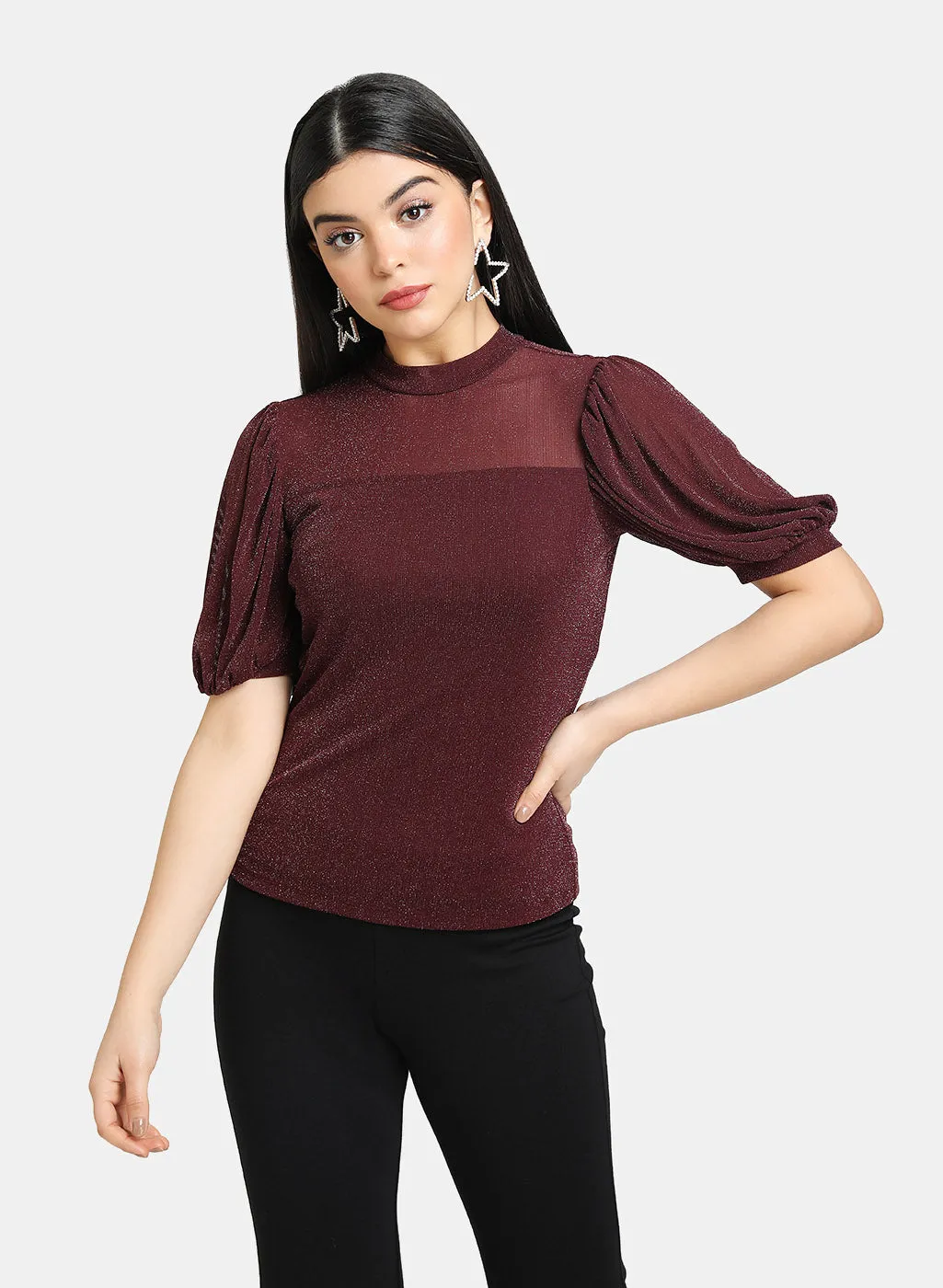 Lurex Mesh Puff Sleeves Top