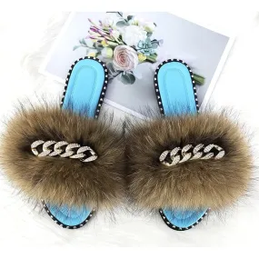 Luxury Summer Raccoon Fluffy Fur Soft Slides Flat Rubber Sandals for Women