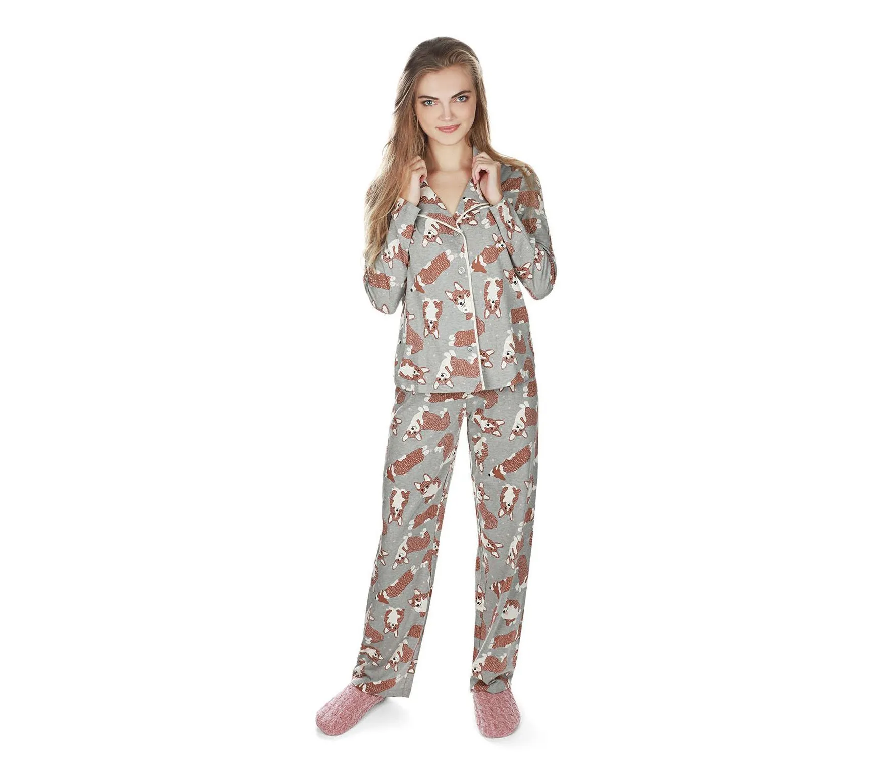 Memoi Women's Corgi Button-Front Pajama Set