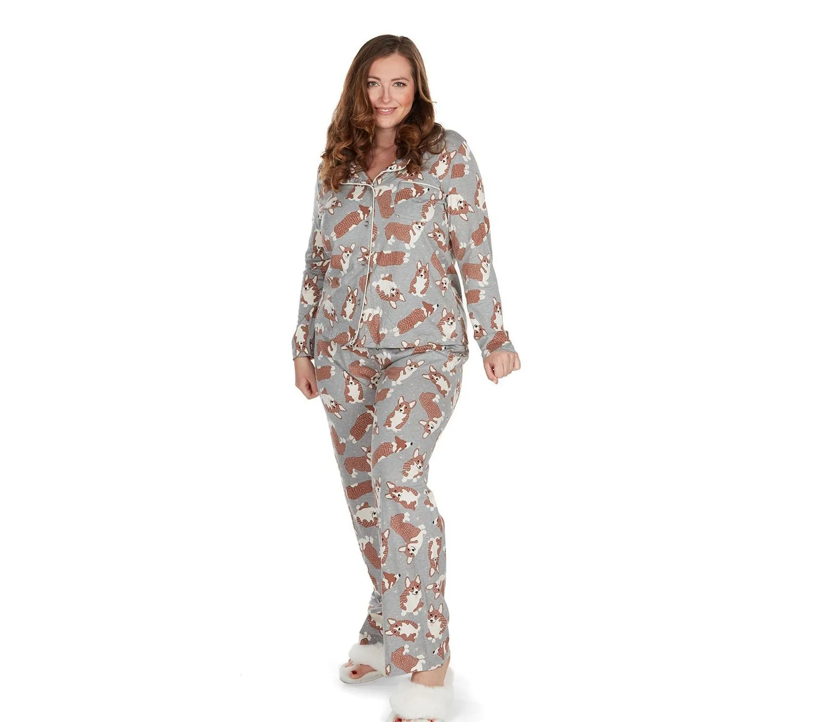 Memoi Women's Corgi Button-Front Pajama Set