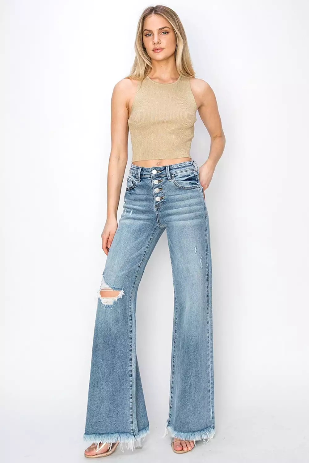 Mid Rise Washed Button Fly Wide Leg Jeans