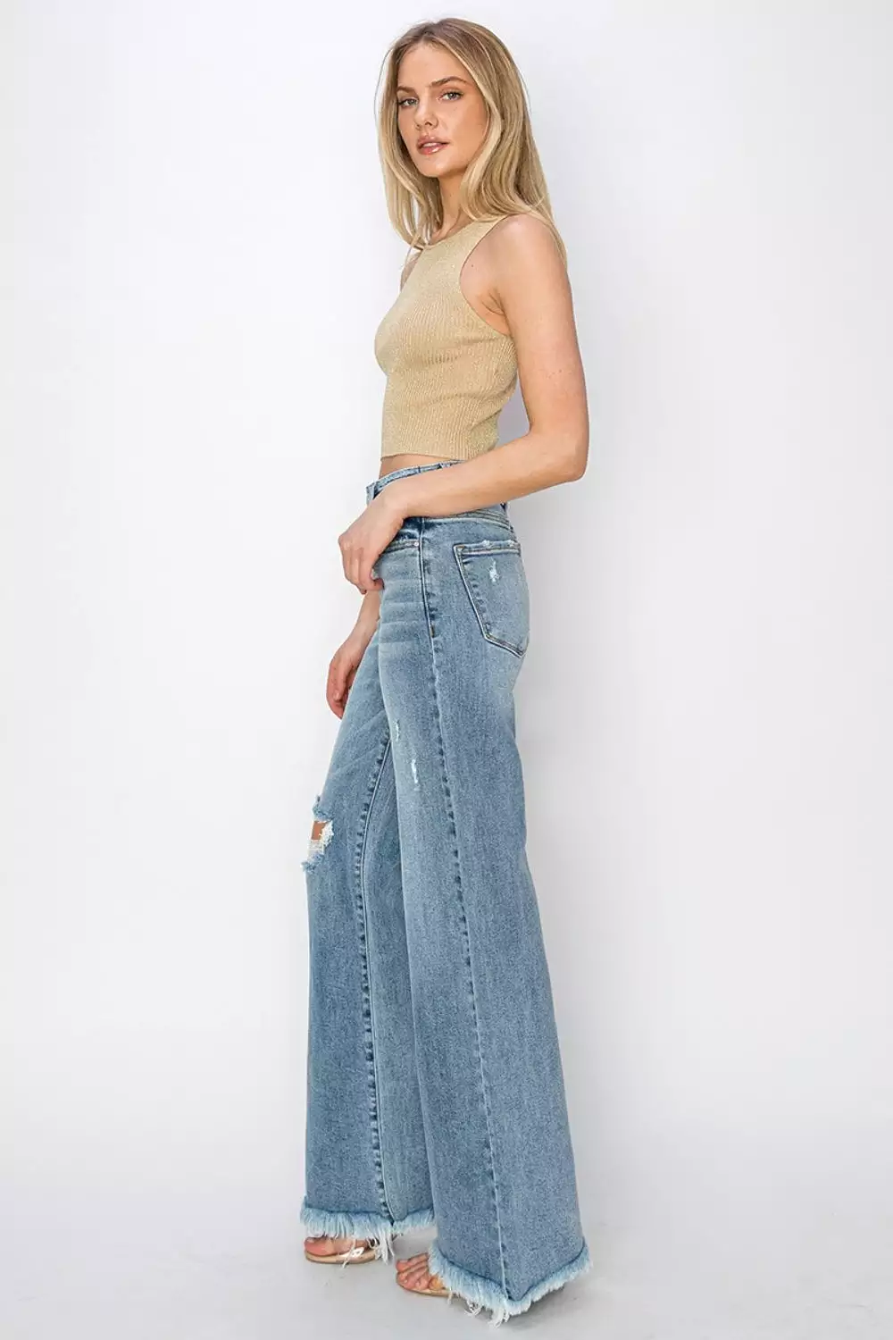 Mid Rise Washed Button Fly Wide Leg Jeans