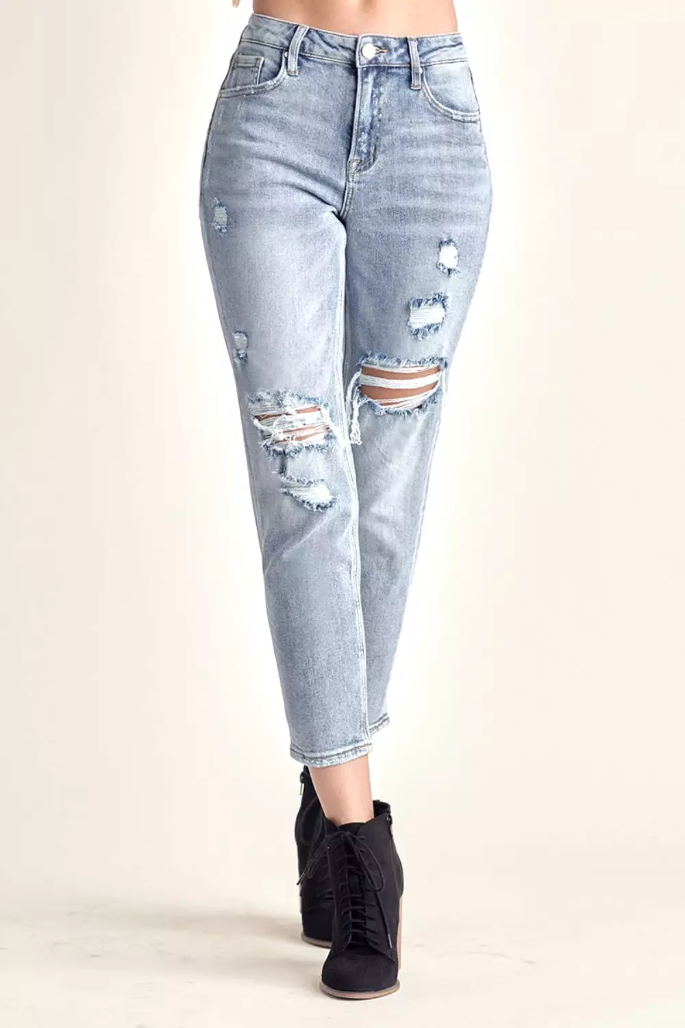 Mid Wash Distressed Slim Cropped Jeans