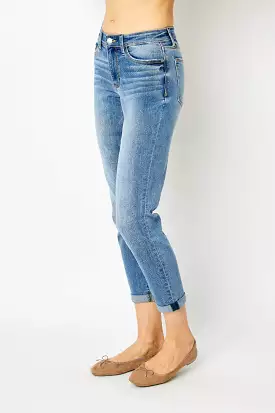 Mid Wash Full Size Cuffed Hem Slim Jeans