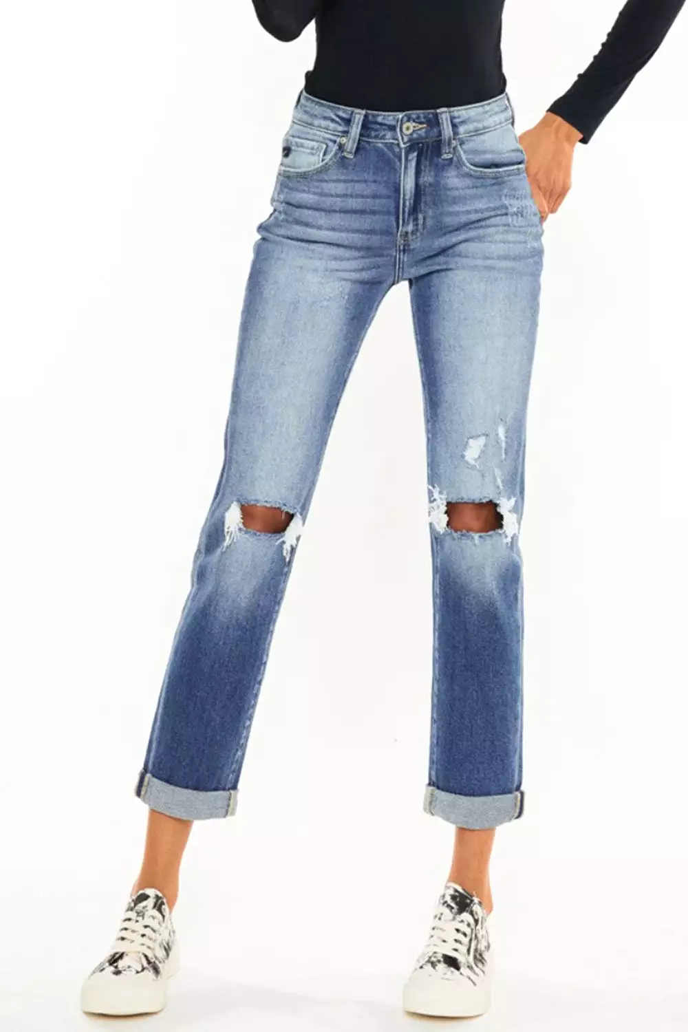 Mid Washed High Waist Distressed Hem Detail Cropped Straight Jeans