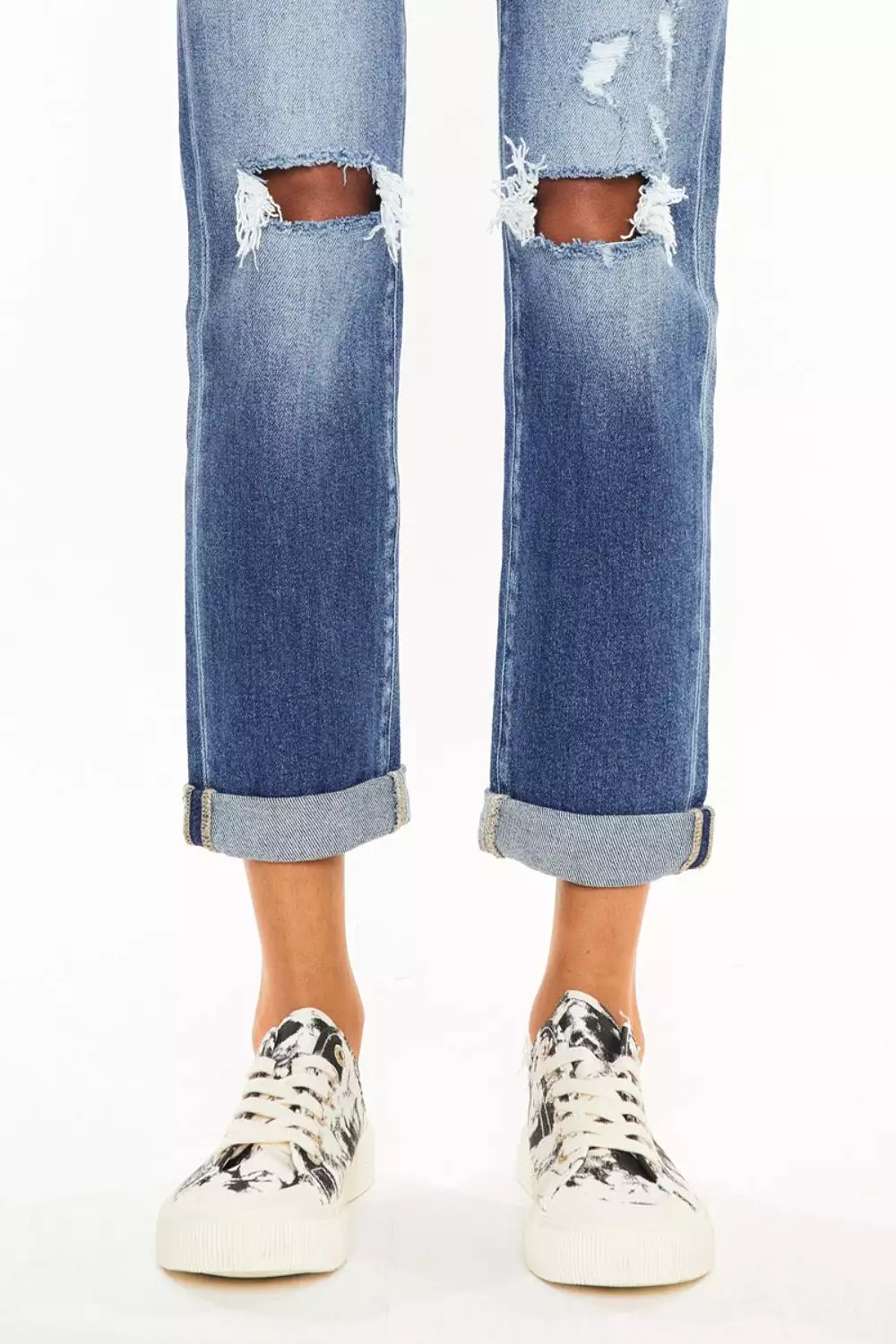 Mid Washed High Waist Distressed Hem Detail Cropped Straight Jeans