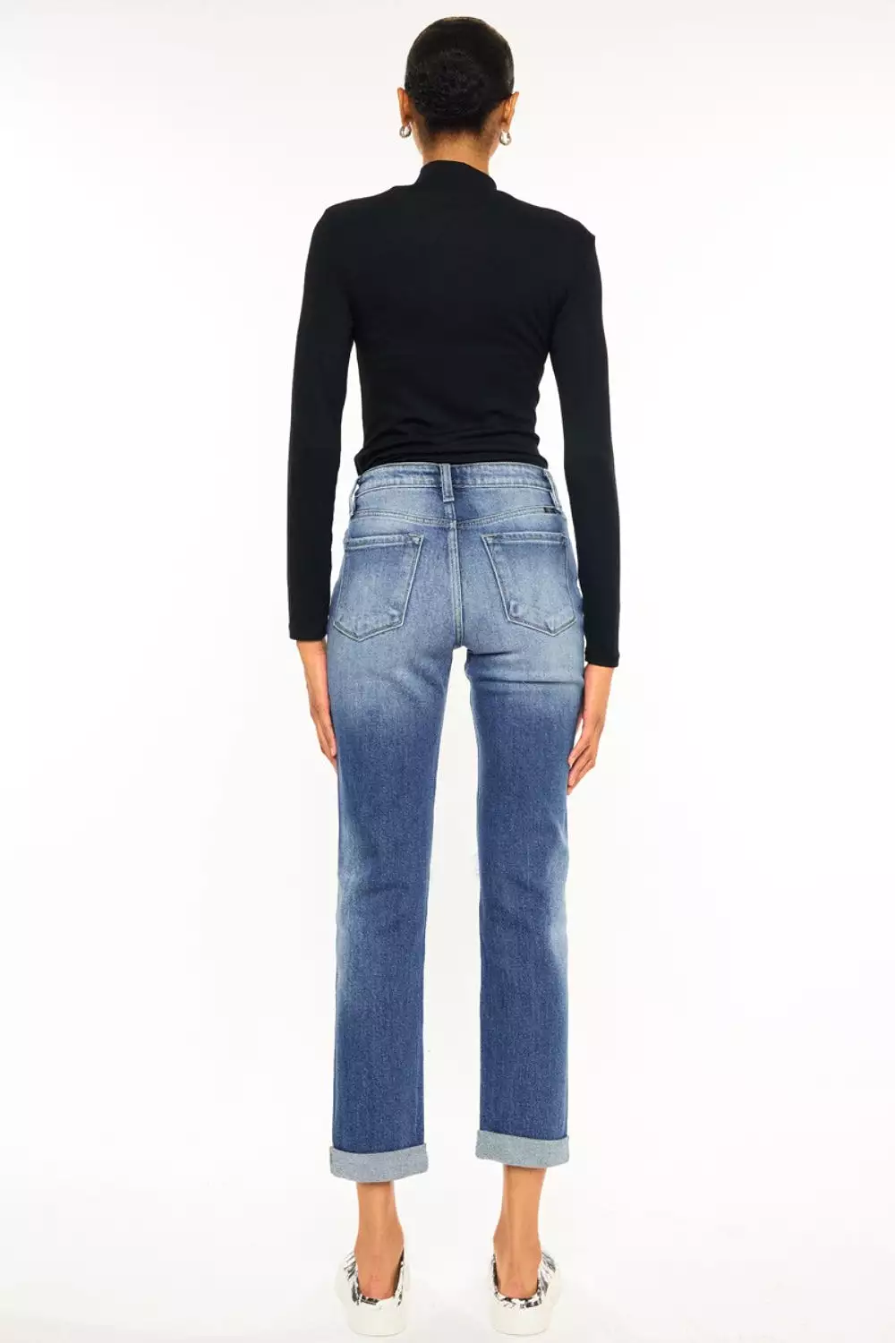 Mid Washed High Waist Distressed Hem Detail Cropped Straight Jeans