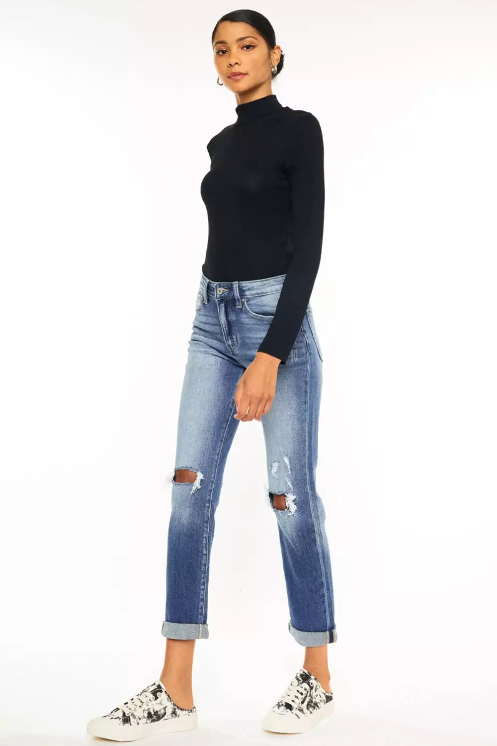 Mid Washed High Waist Distressed Hem Detail Cropped Straight Jeans