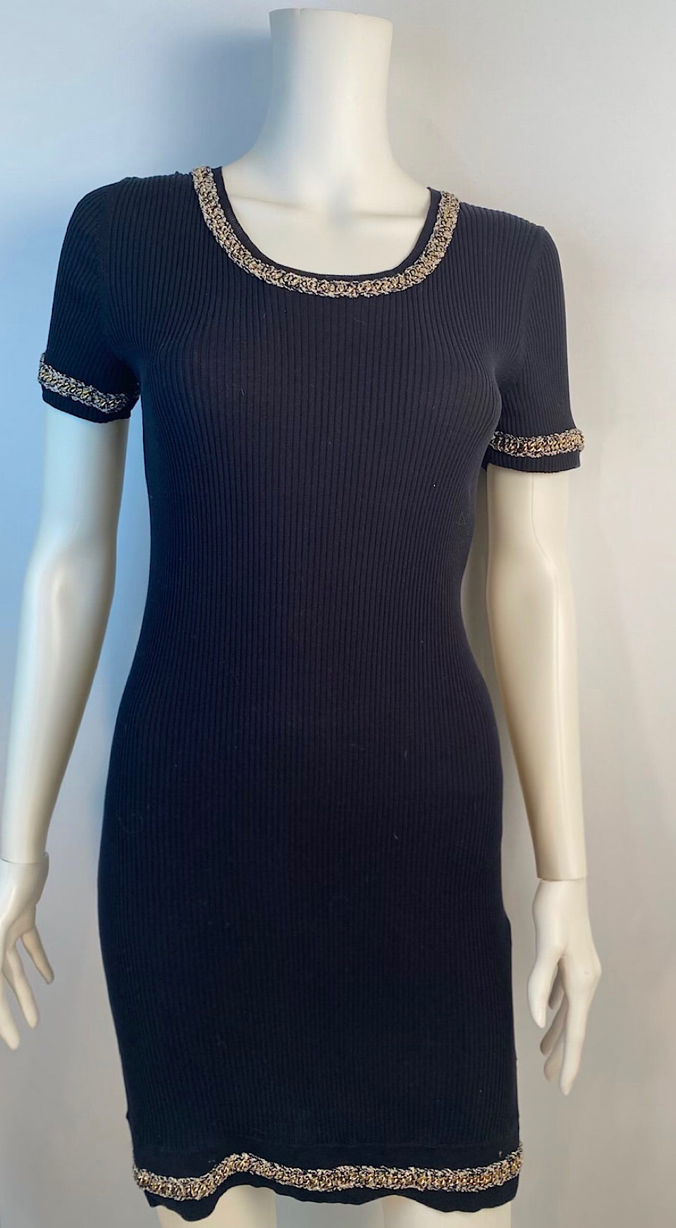 NWT Chanel 10P, 2010 Spring black gold trim chain dress FR 38