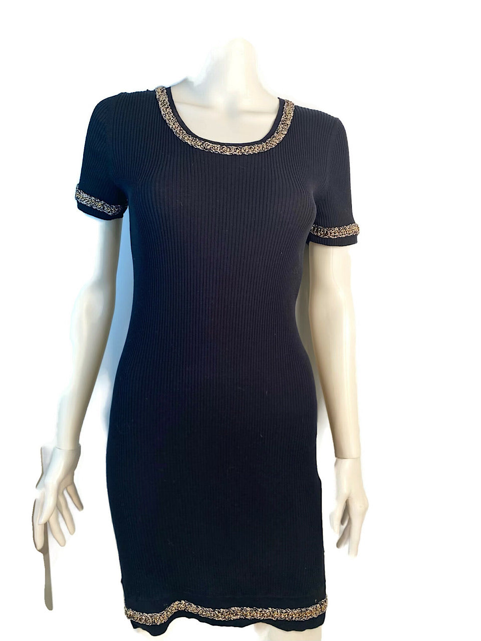 NWT Chanel 10P, 2010 Spring black gold trim chain dress FR 38